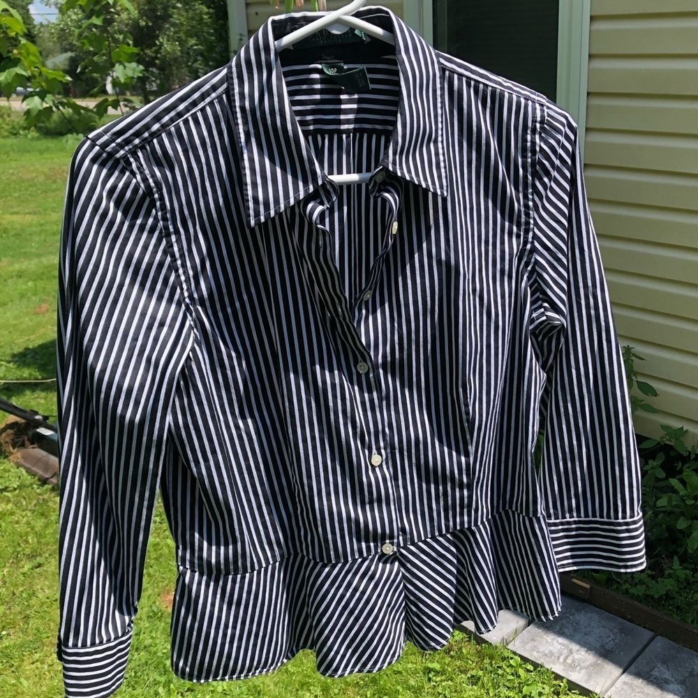 Lauren Ralph Lauren Black and White Striped Peplum Button Down Shirt - Picture 11 of 16